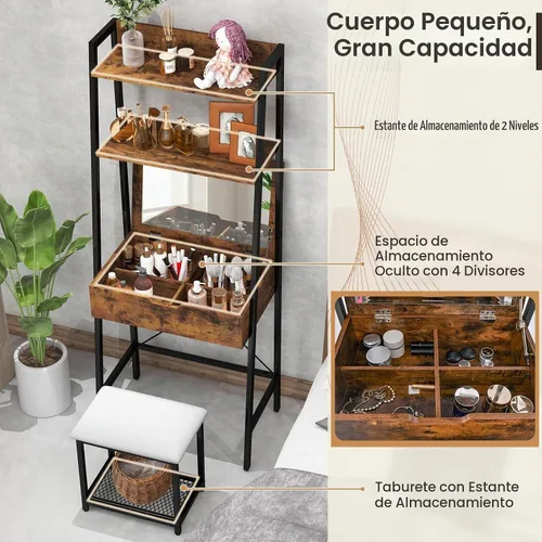 Vista 2 de GOFLAME Juego de mesa de tocador con espejo abatible, escritorio de tocador de escalera y taburete acolchado con estantes y compartimentos de negro