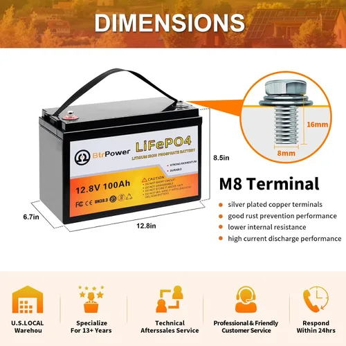 Vista 2 de Batería de litio de 12 V, batería LiFePO4 de ciclo profundo 5000+ con BMS integrado de 100 A para almacenamiento en el hogar, motor de arrastre, RV
