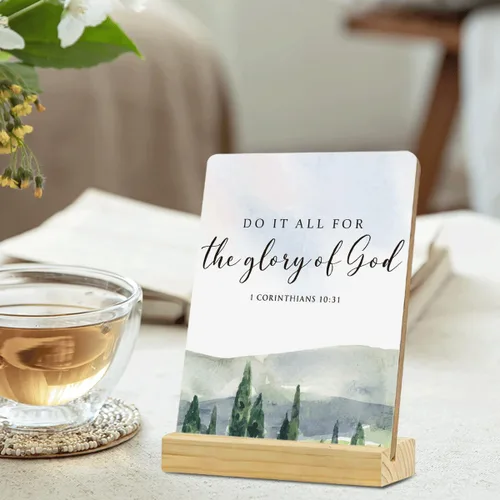 Vista 2 de MUBIAO Placa rústica de madera con verso de la Biblia "Haz todo por la gloria" con soporte, 1 Corintios 10:31, 4x5 pulgadas, madera Hazlo todo por