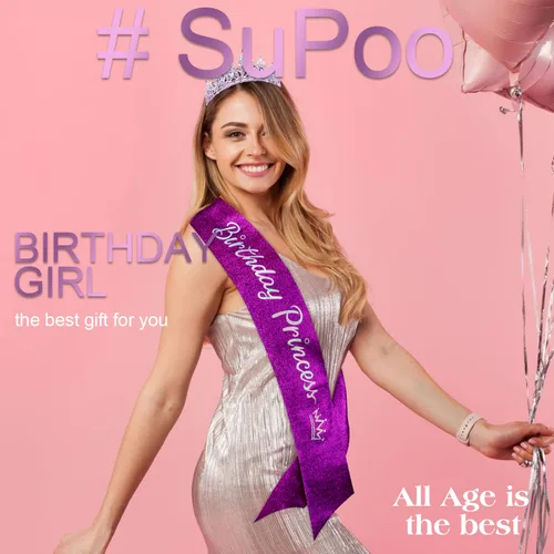 Vista 8 de SuPoo Kit de banda y corona de cumpleaños morada, tiara de princesa con peine, banda con purpurina para mujer, diadema de cristal para niñas
