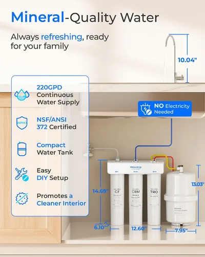 Vista 2 de Waterdrop Sistema RO de remineralización T3-T con filtro RT-AF2, paquete Flujo más rápido de 220 GPD, no necesita energía, filtro de agua RO