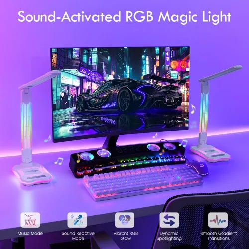 Vista 2 de WILIT Lámpara de escritorio para dormitorio universitario, luz de escritorio RGB para juegos con carga inalámbrica y puerto USB, lámpara de jugador