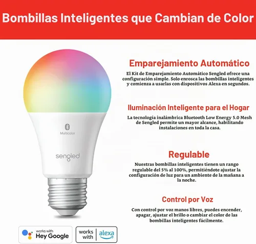 Vista 2 de Sengled Bombillas inteligentes, color que cambia de color Alexa/malla Bluetooth, bombilla LED regulable A19 E26 multicolor, alto CRI, alto brillo A
