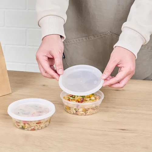 Vista 5 de Restaurantware -Asporto - Cajas para llevar de 8 onzas, 25 recipientes redondos para sopa para microondas - Tapas de plástico transparente