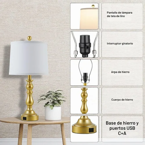 Vista 8 de Juego de 2 lámparas de mesa doradas, lámparas doradas