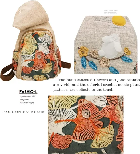 Vista 26 de HUANGGUOSHU Mochila de algodón tejida de algodón bohemio con bordado de lona estilo bohemio con múltiples bolsillos retro linda mochila cartera