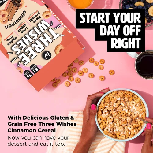 Vista 3 de Cereales para el desayuno a base de plantas y veganos de Three Wishes, con sabor a canela, 1 paquete, merienda rica en proteínas y baja en azúcar