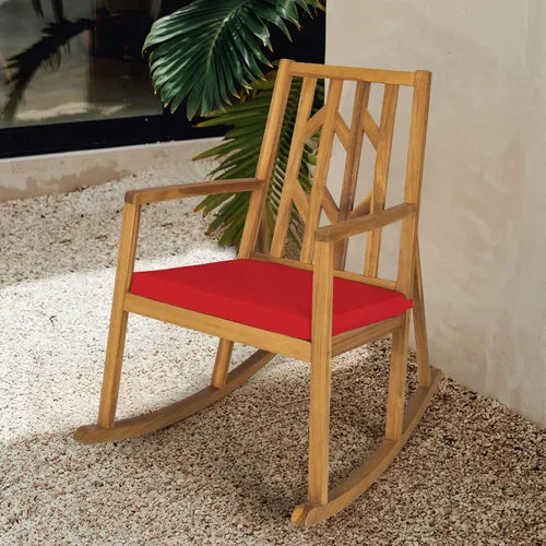 Vista 2 de Tangkula Mecedora de madera de acacia para patio, con cojín extraíble de alta densidad, resistente a todo tipo de clima, base equilibrada, perfecta