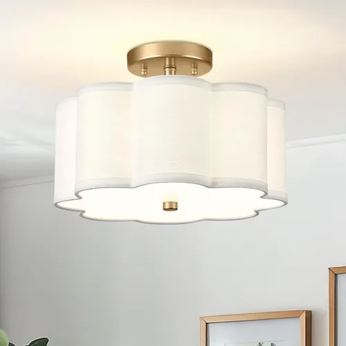 Vista 7 de Lámpara de Techo Semiempotrada Dorada, 3 Luces Accesorios de Iluminación de Techo de 12.5" con Pantalla de Tela en Forma de Flor, Luces de Tambor