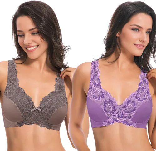 Vista 13 de Curve Muse Brasier reductor sin forro con aros para mujer con bordado de encaje, paquete de 2