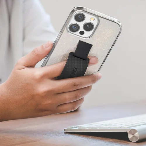 Vista 4 de ENCASED Funda con lazo para los dedos, diseñada para iPhone 15 Pro Max (2023), funda transparente con correa de mano brillante con soporte