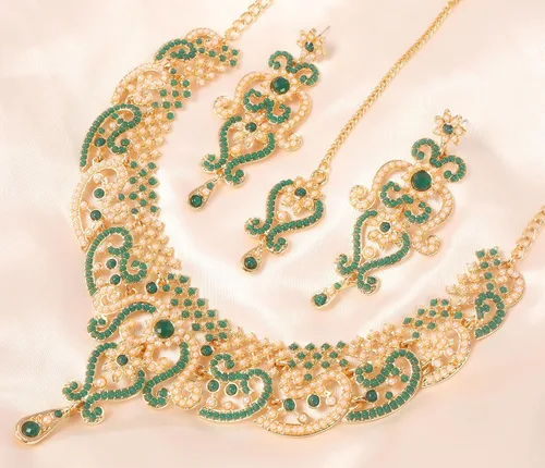 Vista 176 de Conjunto precioso de collar con look real Indian Bollywood, maravillosamente decorado, conjunto de collar adornado para mujer.
