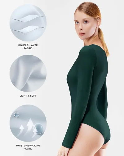 Vista 3 de ALGALAROUND Body de manga larga para mujer, con doble forro, cuello redondo, trajes de cuerpo básicos, adelgazante, casual