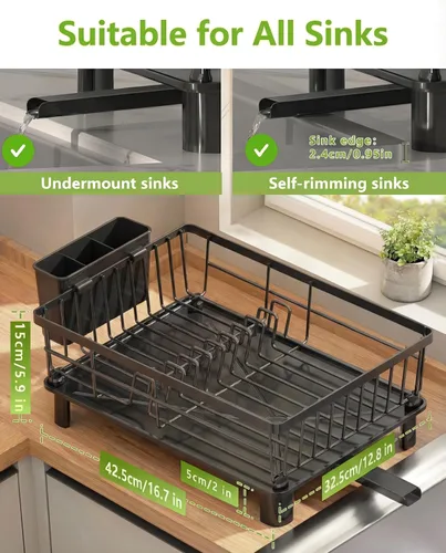 Vista 2 de Escurridor de platos para encimera de cocina, escurridor de acero inoxidable con soporte desmontable para cubiertos, sistema de drenaje automático