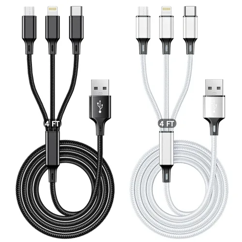 Vista 9 de Cable de carga múltiple, paquete de 2 cables de carga multiteléfono de 4 pies, trenzado, universal, 3 en 1, cable de carga extra largo múltiple USB