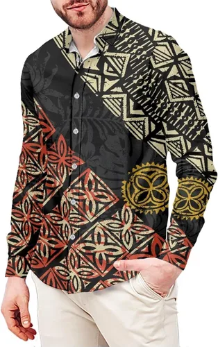 Vista 4 de Camisa polinesia con botones para hombre, Aloha Samoan, patrón tradicional, manga larga, camisa hawaiana para hombre, talla grande, casual