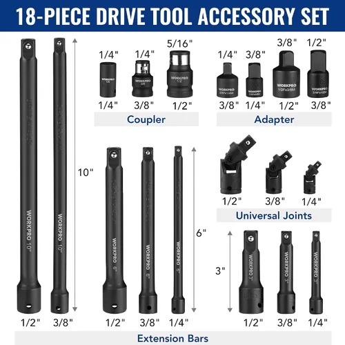 Vista 2 de WORKPRO Juego de extensión de enchufe de impacto de 18 piezas, incluye adaptadores de enchufe, juego de extensión de trinquete, barra de extensión