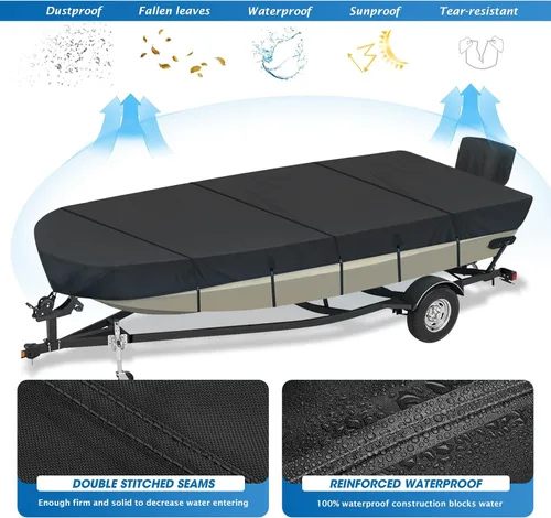 Vista 4 de Solim Funda para Barco Jon de 14 Pies con Cubierta para Motor, 1200D PU Impermeable Cubierta de Amarre de Servicio Pesado, Lona de Poliéster
