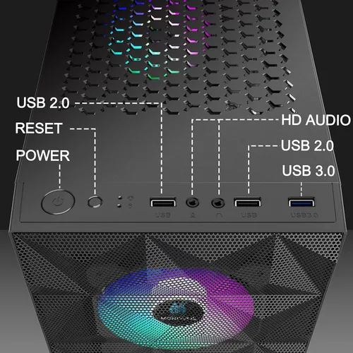 Vista 3 de MOROVOL Carcasa para PC con 4 ventiladores RGB preinstalados, carcasa de computadora ATX para juegos con malla frontal en forma de diamante y panel