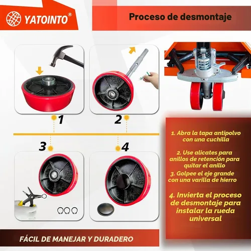 Vista 6 de YATOINTO Juego de 2 ruedas de dirección de gato de palet con eje y tapas protectoras 7" x 2" con rodamientos ID 20mm de rosca polivalente, kit