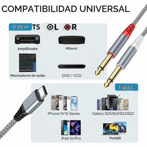 Vista 2 de Cable de audio USB C a 1/4 de pulgada, cable mono USB C a TS dual, cable de audio TS de 0.25 in a doble TS para smartphone, tableta, laptop enlace a