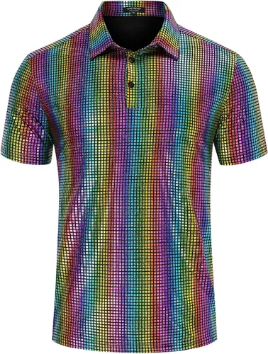 Vista 2 de TURETRENDY Camisa de discoteca de los años 70 para hombre, con lentejuelas brillantes, manga corta, para fiesta, polo hipster, discoteca, baile