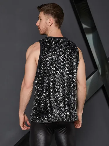 Vista 2 de WDIRARA Camiseta sin mangas con cuello redondo y lentejuelas para hombre