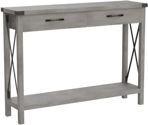 Vista 5 de IDEALHOUSE Mesa consola con 2 cajones, mesa de entrada de granja con estante de almacenamiento, mesa de sofá de madera decorativa para sala de Gris