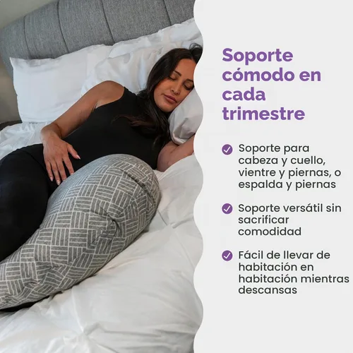Vista 2 de Boppy Cuddle - Almohada de embarazo, tejido de cesta gris, cómodo relleno de fibra hipoalergénica que se ajusta al cuerpo y funda extraíble fácil