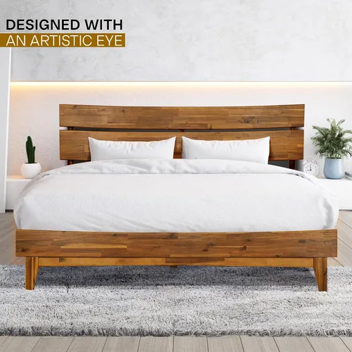 Vista 7 de Acacia Aurora - Marco de cama con cabecero, cama de plataforma de madera 100% maciza, estilo de cama escandinavo con todos los colchones Caramelo
