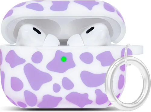 Vista 8 de LitoDream - Funda de silicona suave y flexible con llavero para Apple AirPods 2 y 1, para niñas (vaca; blanco con cactus)
