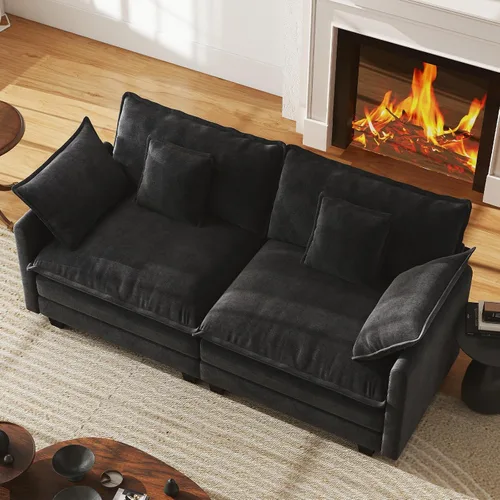 Vista 46 de Sofá de nube en forma de L de 77 pulgadas, sofá modular con otomana, cómodo sofá biplaza de felpilla con almohada para sala de estar, dormitorio