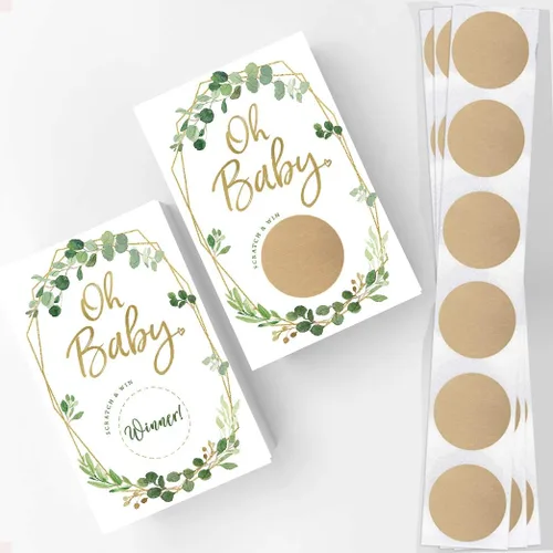 Vista 2 de Juego de rascar para baby shower, verde y dorado, 30 tarjetas y calcomanías