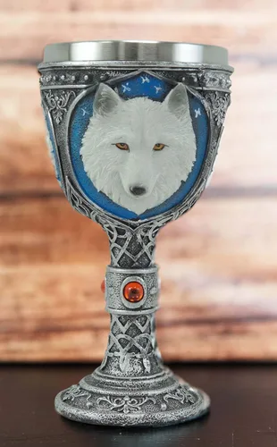 Vista 8 de Ebros Gift Gran celta mágica Knotwork Alpha Direwolf White Snow Wolf 8oz cáliz de copa de vino con forro de acero inoxidable Figura de taza