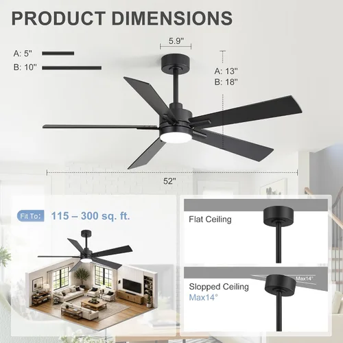 Vista 8 de 52 Inch Ceiling Fan with Light and Remote, Modern Black Ceiling Fans for Bedroom Living Room, 6-Speed Reversible DC Motor, 3CCT LED Lighting