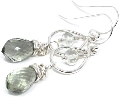 Vista 4 de Pendientes de amatista verde con piedras preciosas envueltas en plata de ley