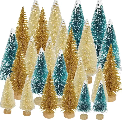 Vista 11 de 24 piezas de árboles de cepillo para botellas, decoración de Navidad, mini árbol de Navidad blanco con base de madera, árbol de pino de sisal