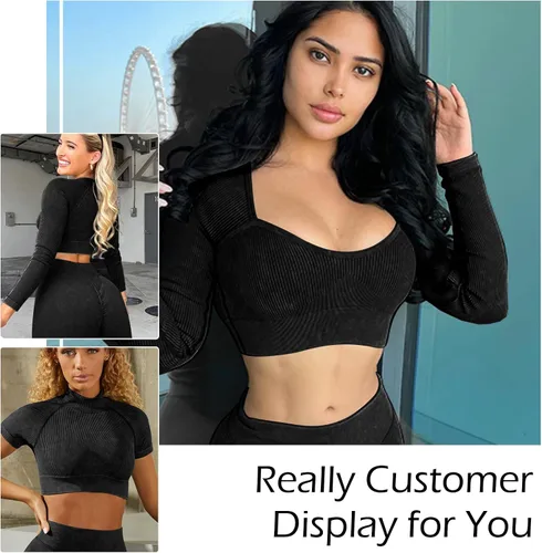 Vista 5 de Conjunto de entrenamiento para mujer, 3 piezas de manga larga y manga corta, sin costuras, acanalado, con lavado ácido, para yoga, leggings
