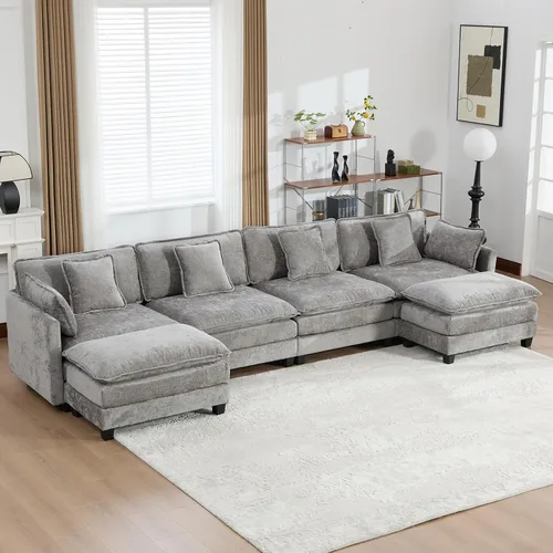 Vista 133 de Sofá seccional modular verde de 111.5", sofás seccionales grandes de 3 plazas para sala de estar, sofá nube oversized de tela chenille con otomana