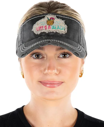 Vista 8 de Funky Junque Gorra de béisbol para mujer, diseño de cola de caballo alta, media visera, ajustable, gorra atlética La vida es una playa - Negro