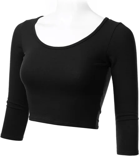 Vista 2 de SSOULM Camiseta corta de algodón ajustada con cuello redondo y manga 34 para mujer (S-2XL)