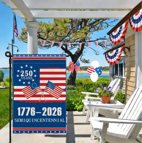 Vista 9 de Bandera de jardín del 250 aniversario de Estados Unidos, bandera americana 1776-2026 del 250 aniversario, bandera conmemorativa patriótica de doble