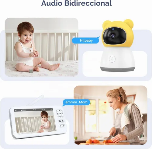 Vista 4 de Monitor de bebé con cámara y audio, cámara inteligente HD 2K para bebé, pantalla WiFi de 5 pulgadas, visión nocturna, sensor de humedad