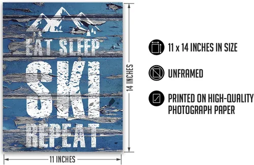 Vista 3 de Eat Sleep Ski Repeat Wall Decor Art Print sobre un fondo de madera azul – 11x14 sin marco con tema de esquí – Gran regalo para familiares y amigos