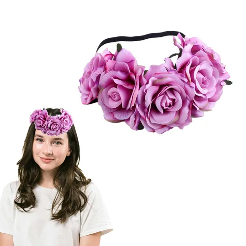 Vista 3 de Corona de rosas para mujer, diadema de festival, corona floral, Luau hawaiano, accesorios para fotos de fiestas y festivales (naranja)