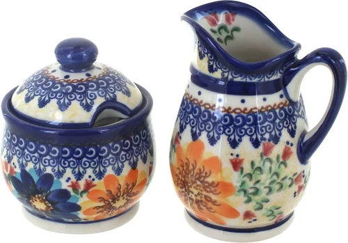 Vista 13 de Set de crema y azúcar de flor de manzana y cerámica polaca de rosa azul