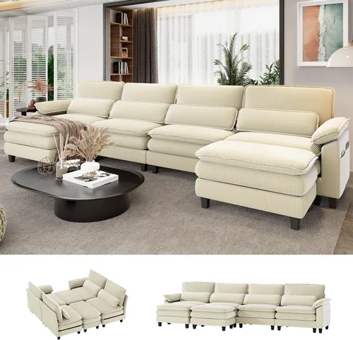 Vista 3 de Sofá de compresión modular moderno en forma de U – Sofá nube, asiento profundo de 156.3 pulgadas con 6 asientos con 2 otomanas, 4 cojines y funda
