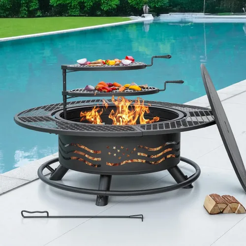 Vista 8 de Panovue - Fogata de 36 pulgadas con 2 rejillas de cocina, parrilla de acero redonda para leña al aire libre, con tapa, para barbacoa, fogata, pícnic