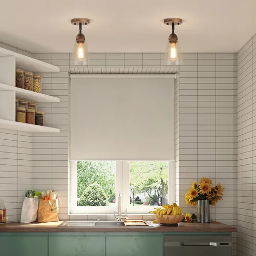 Vista 2 de Lámpara de techo rústica de cristal empotrado, mini pantalla de vidrio transparente y madera de roble, lámpara de techo semiempotrada para cocina