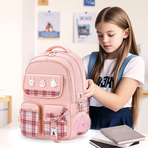 Vista 6 de Mochila infantil para niñas - Mochila para niñas para estudiantes de secundaria, Conjunto de mochila rosa
